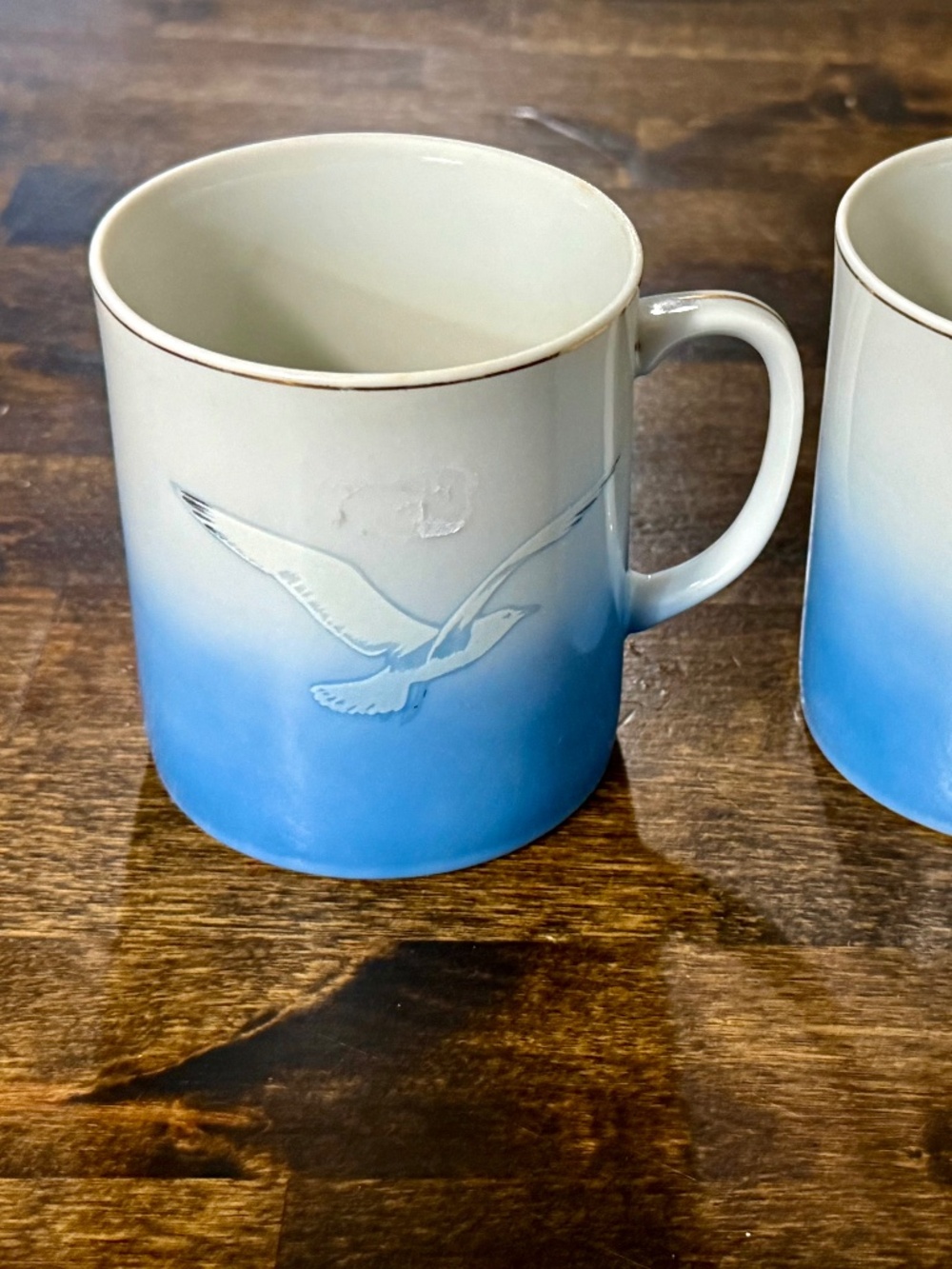 Penco Japan Porcelain Seagull Mugs Gold Gilt Trim  Set 2 Vintage
